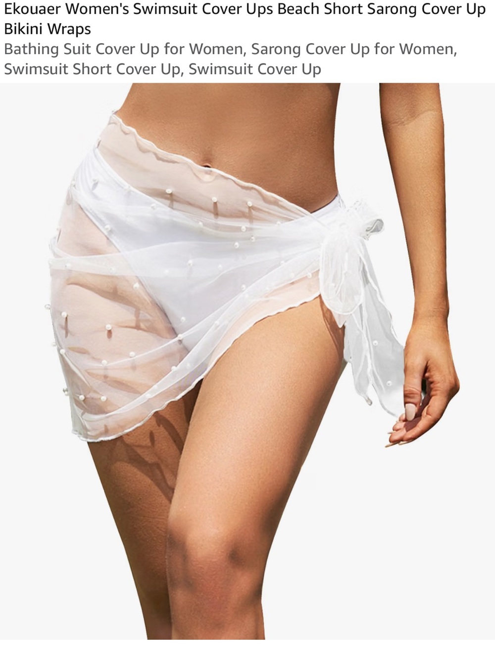 Ekouaer White Pearl Sheer Sarong Swimsuit Cover Up Beach Wrap